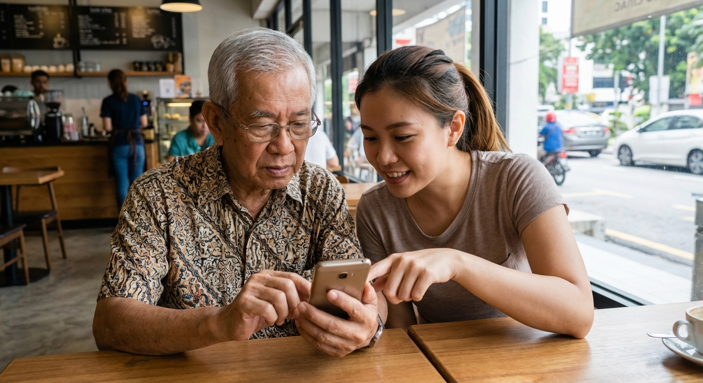 An elderly Malaysian man learning to use a smartphone with assistance.