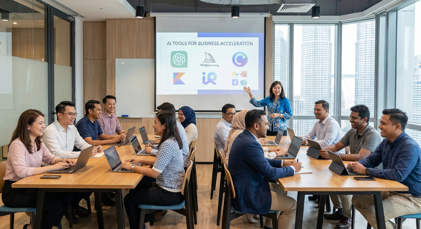 A group of Malaysian professionals in a workshop learning about AI tools.