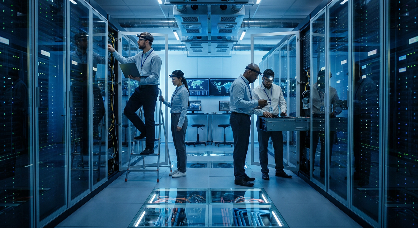 Engineers working on servers in a modern data centre.