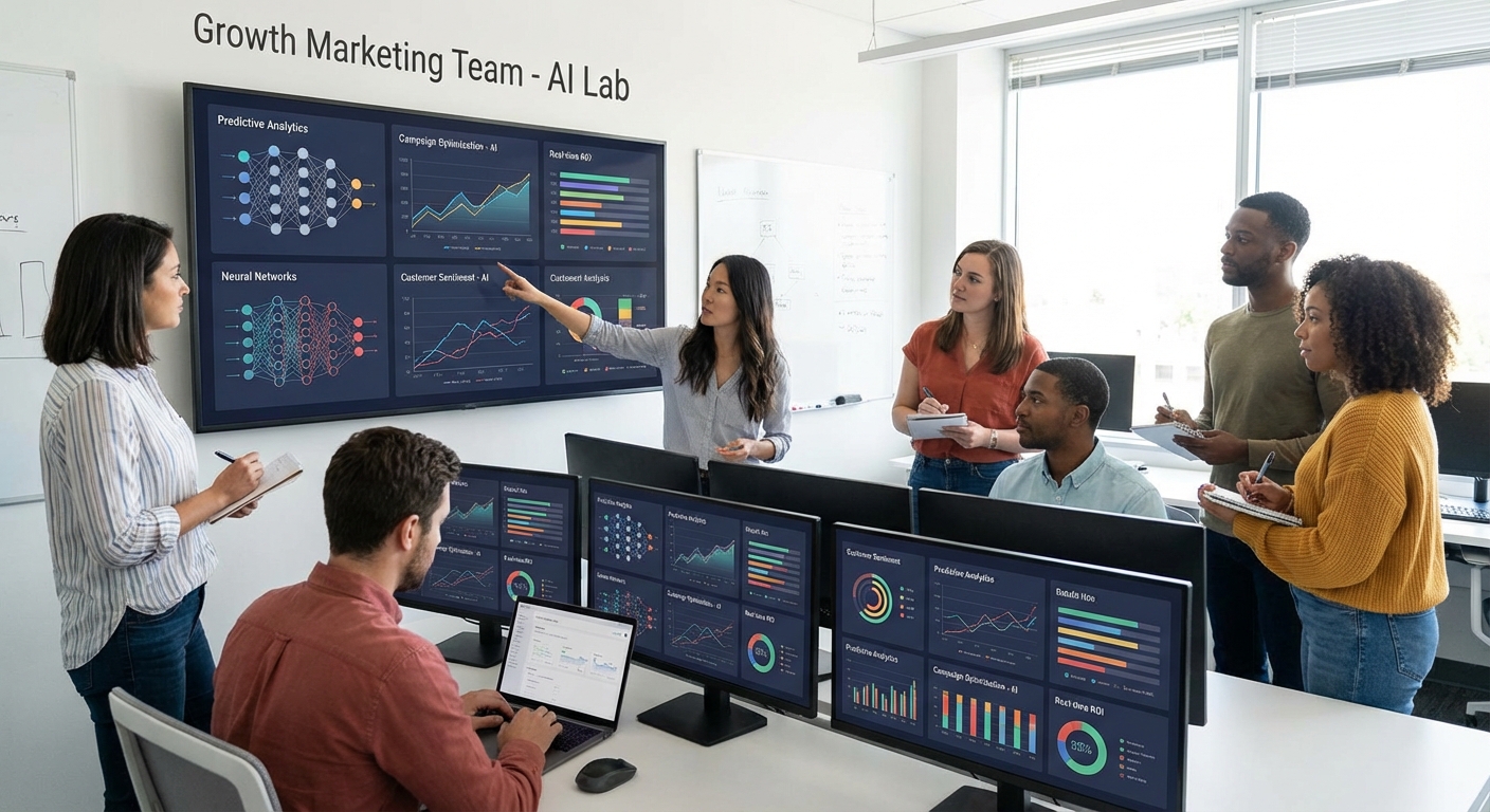 Marketing team analysing AI-driven data dashboards.