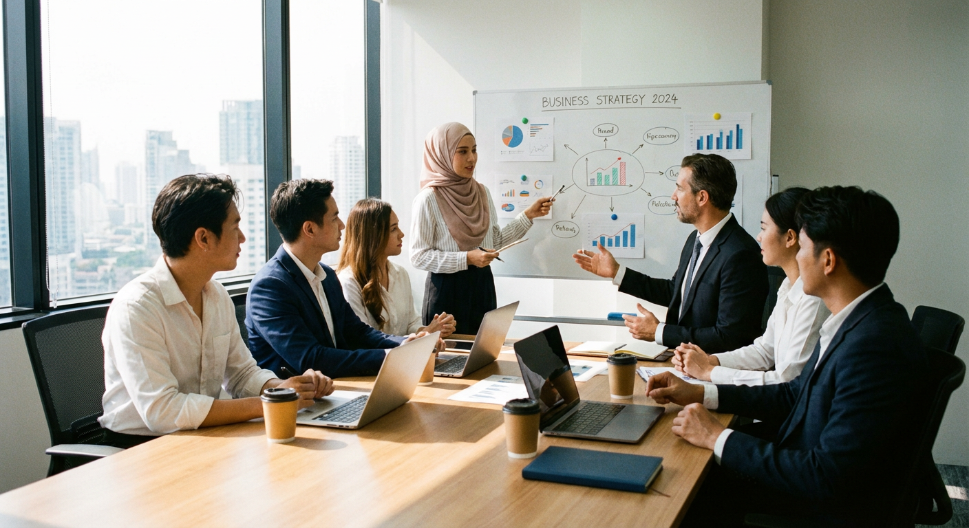 A group of diverse professionals in an office discussing a business strategy around a table.