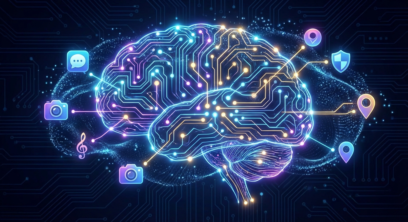 A digital illustration of AI neural networks connecting with app icons.