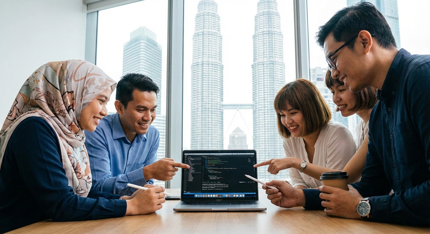 A diverse team of Malaysian professionals collaborating around a laptop displaying code.