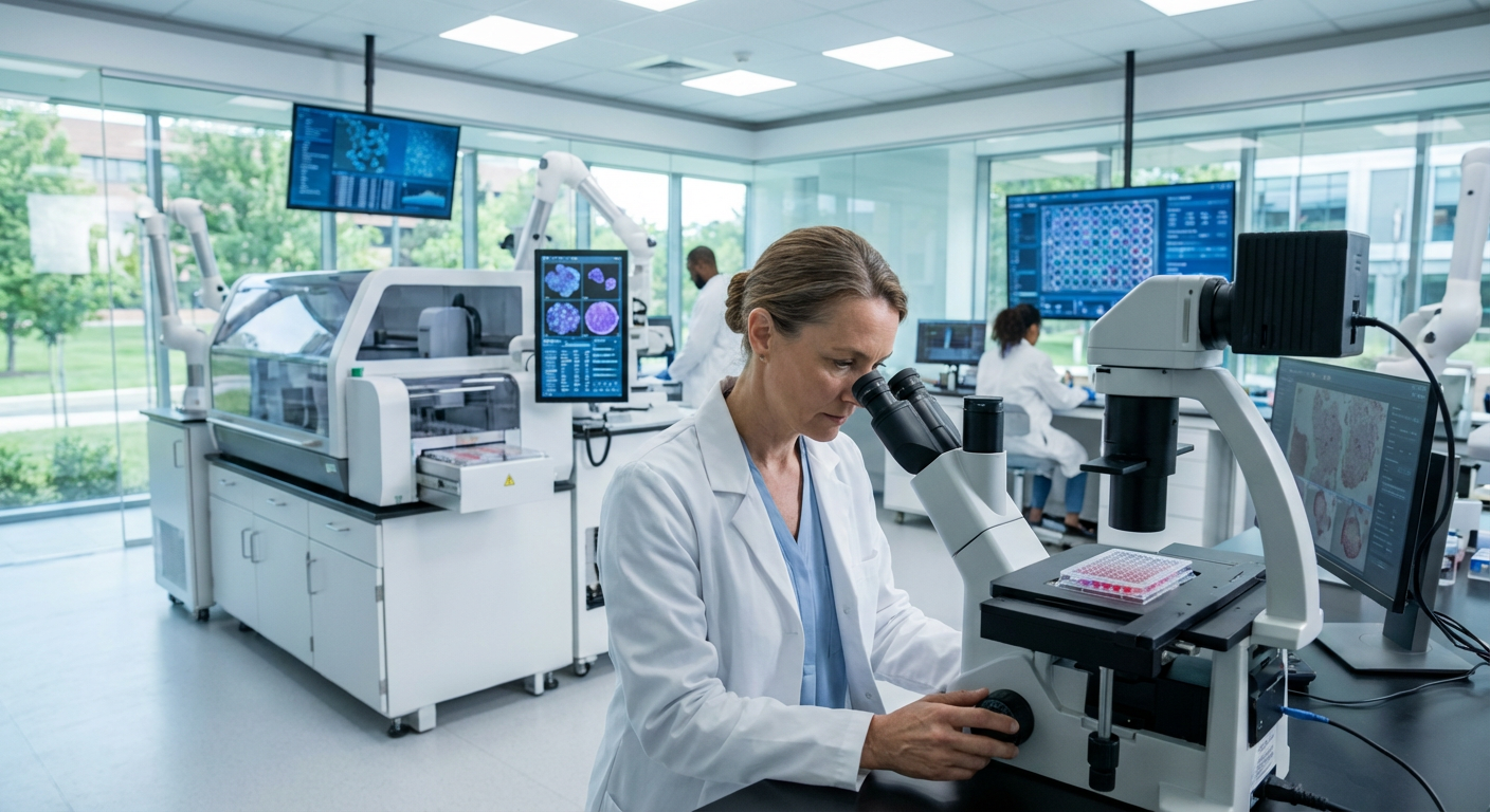 A scientist examining samples in a modern medical laboratory.
