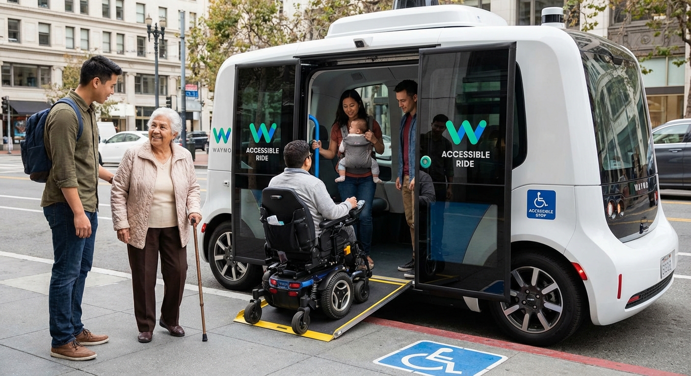 A diverse group of people, including an elderly person and someone in a wheelchair, easily accessing a robotaxi service.