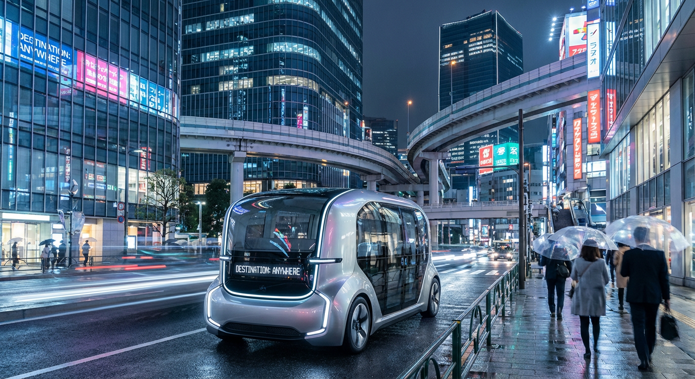 A sleek robotaxi navigating a modern cityscape at night.