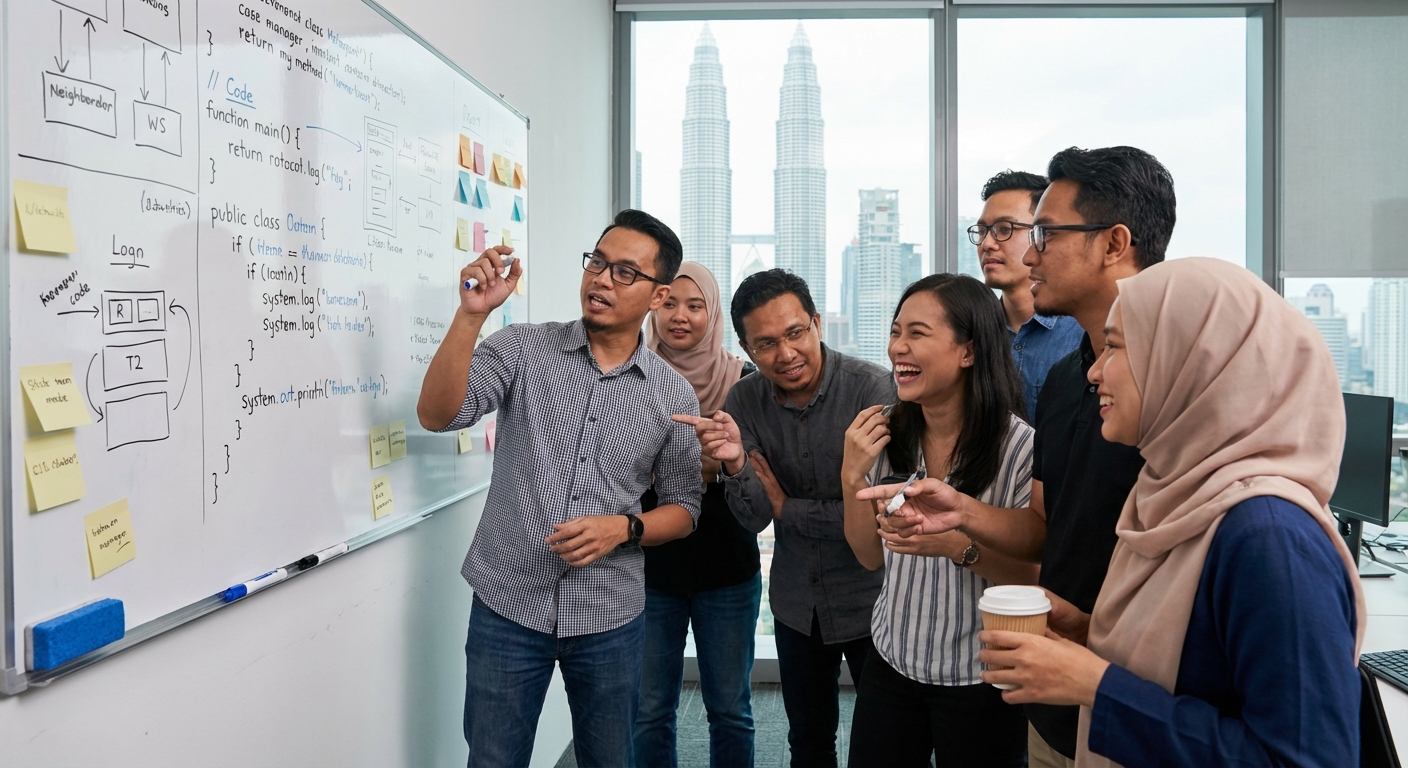 A team of Malaysian developers brainstorming around a whiteboard.