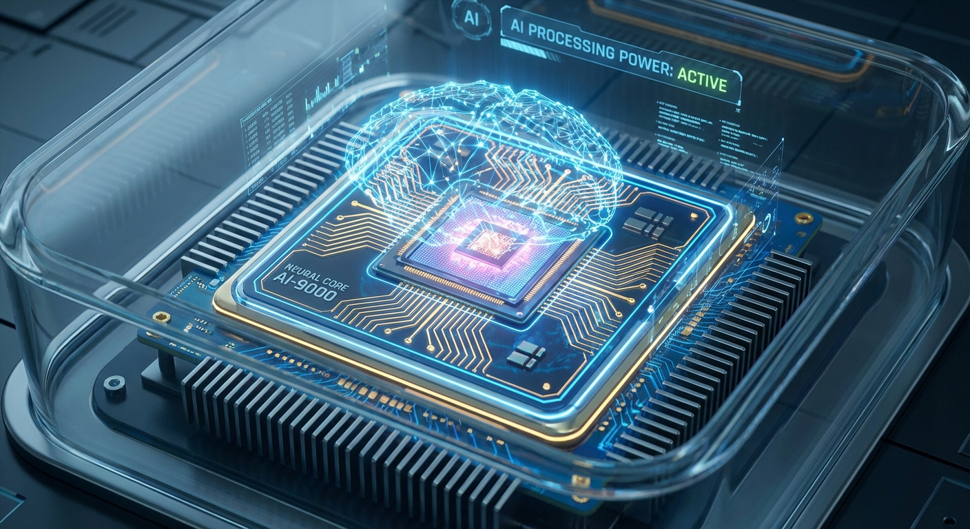 An advanced CPU chip with glowing circuits representing AI processing power.
