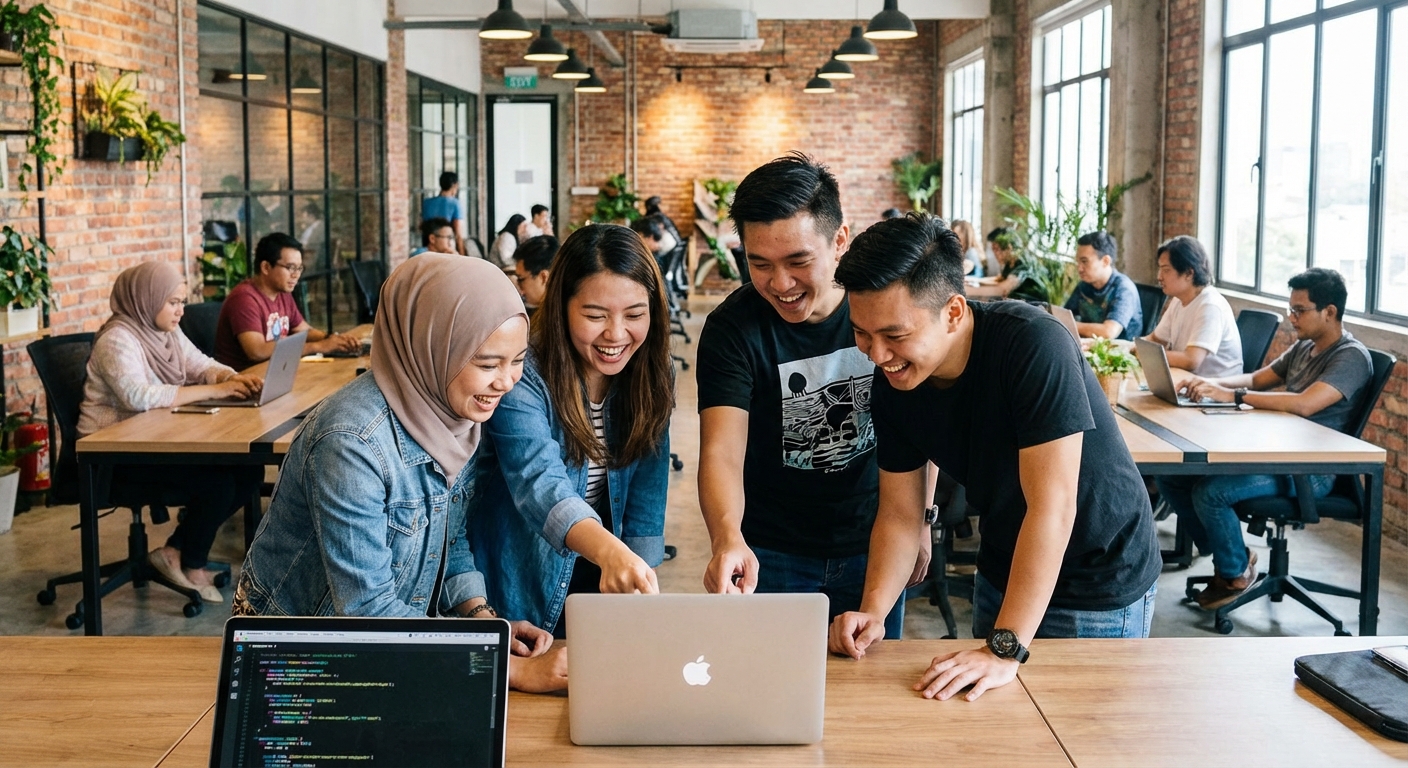 A team of young Malaysian developers collaborating around a laptop in a co-working space.