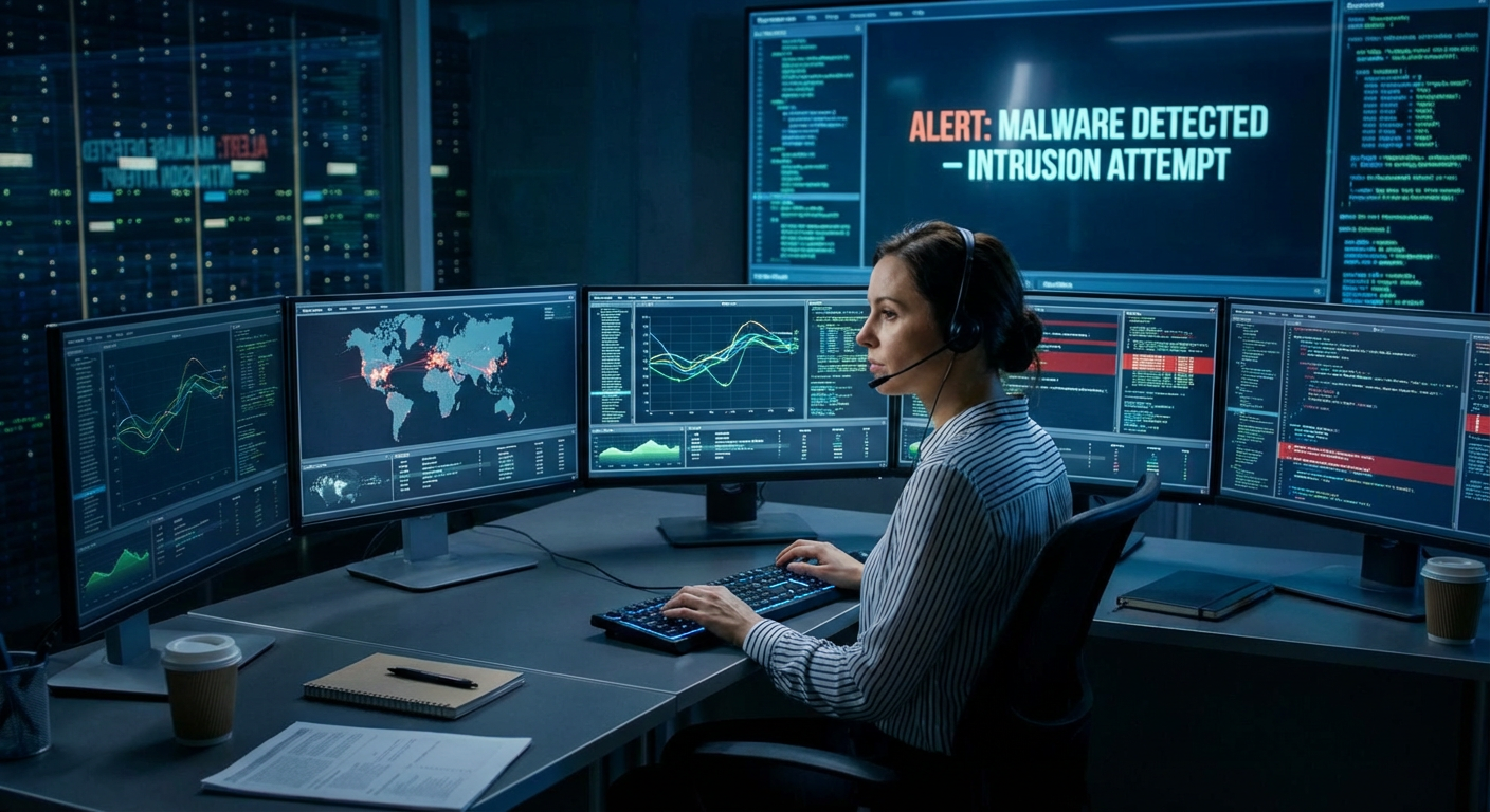 Cybersecurity analyst monitoring network threats on multiple screens.