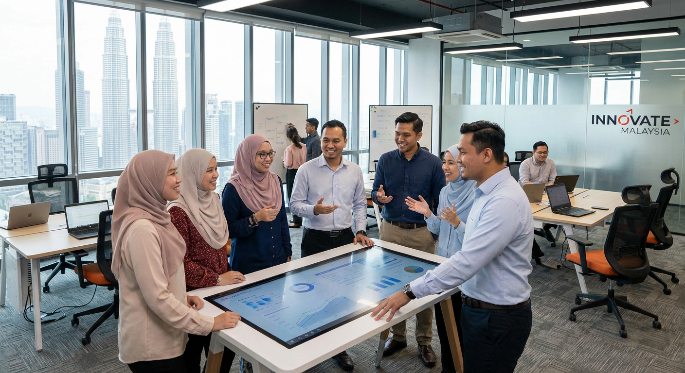 Malaysian professionals collaborating in a modern, tech-enabled office space.