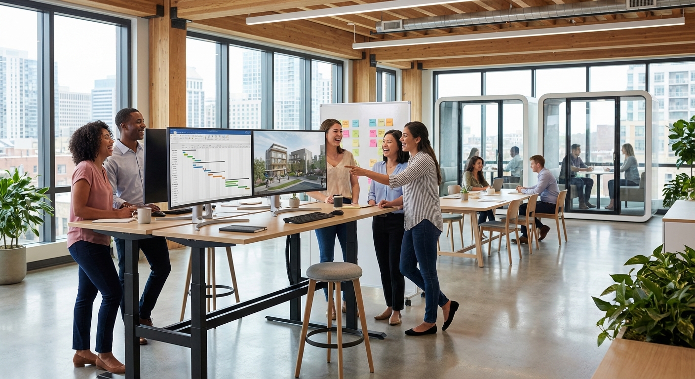 Modern office with professionals collaborating on a project.