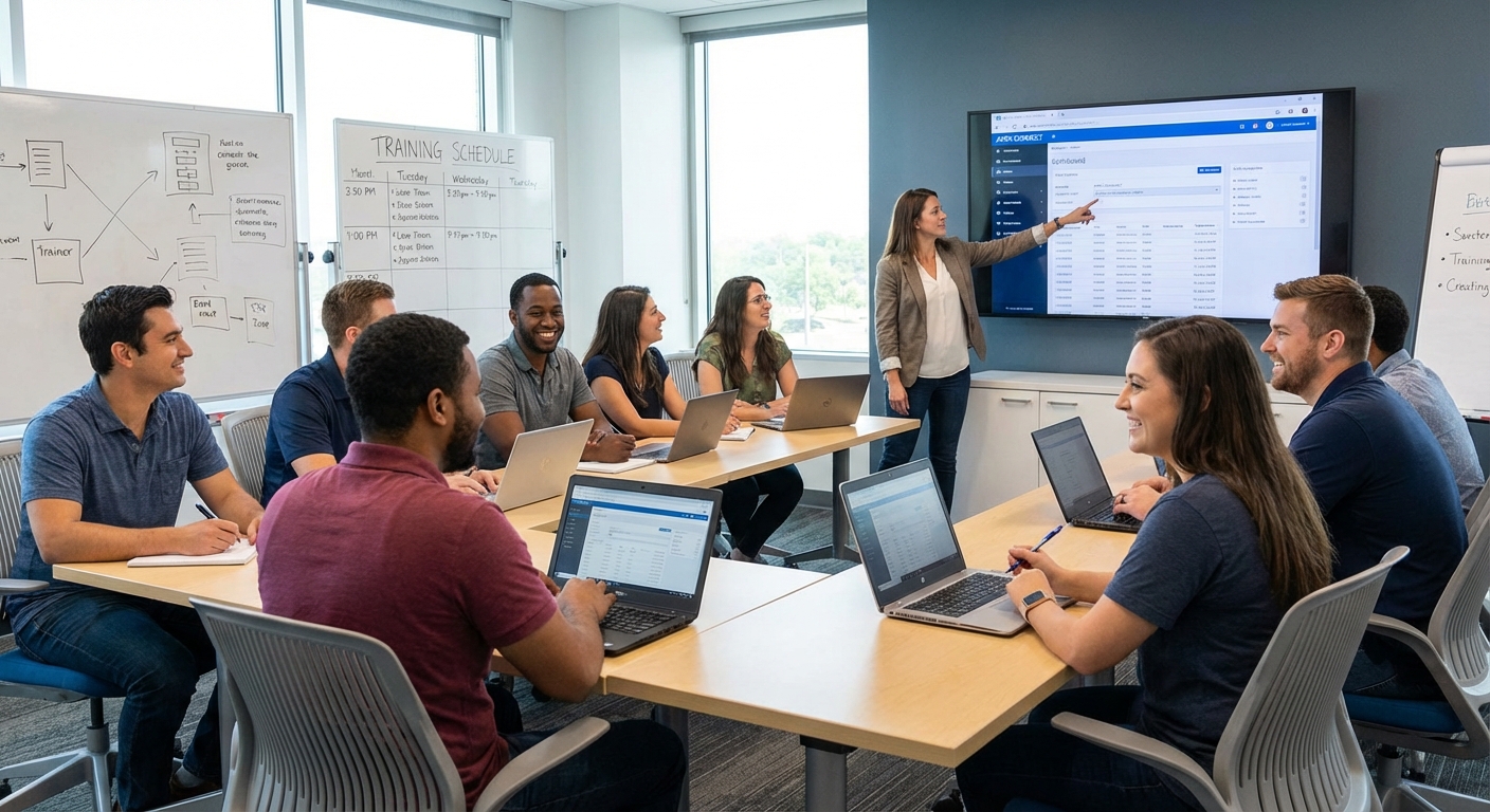 A group of employees engaged in a training session on a new software.
