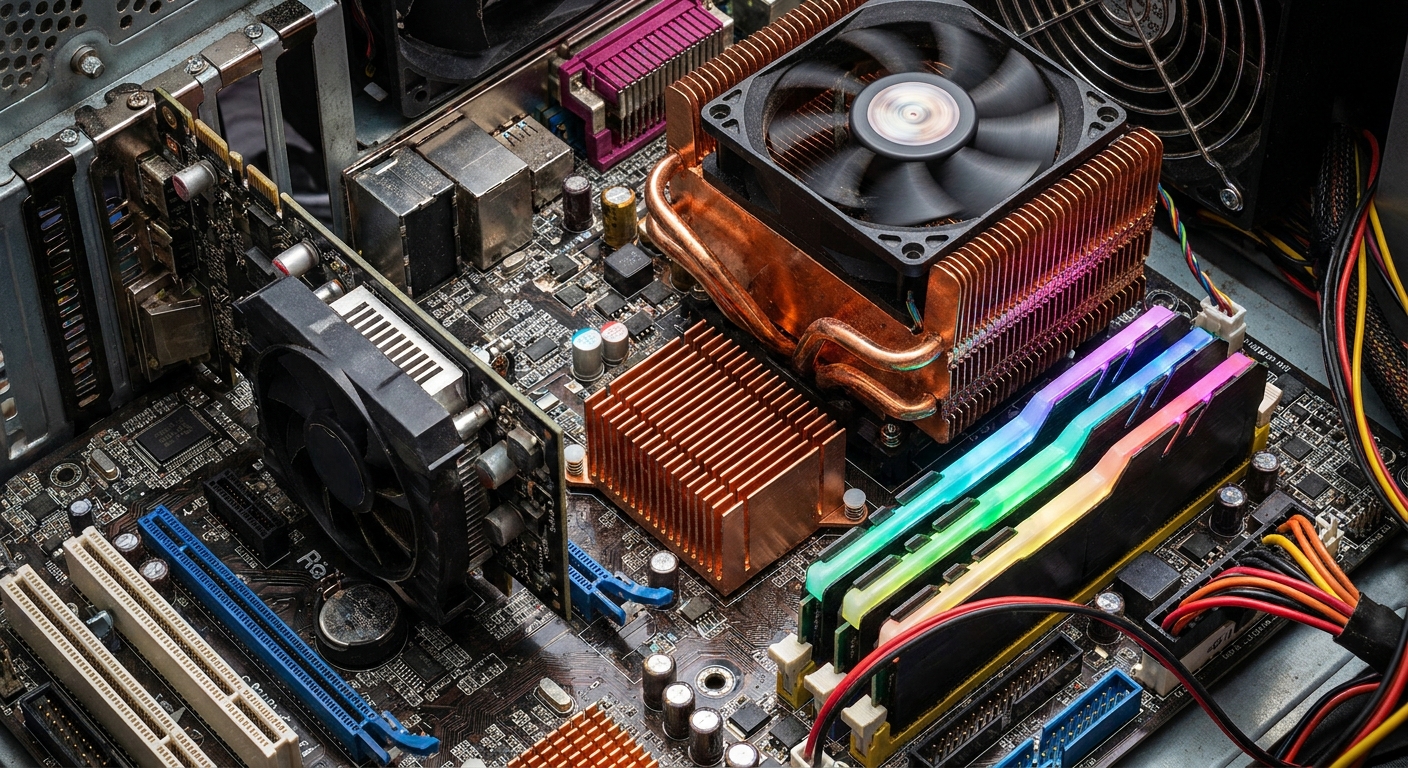 A close-up view of a complex computer motherboard and its components.
