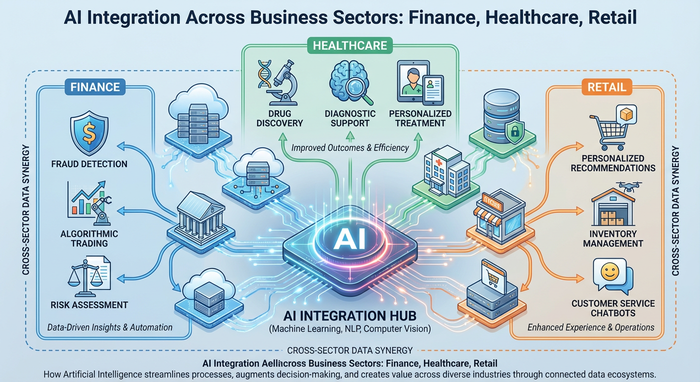A diagram illustrating how AI integrates into different business sectors like finance, healthcare, and retail.