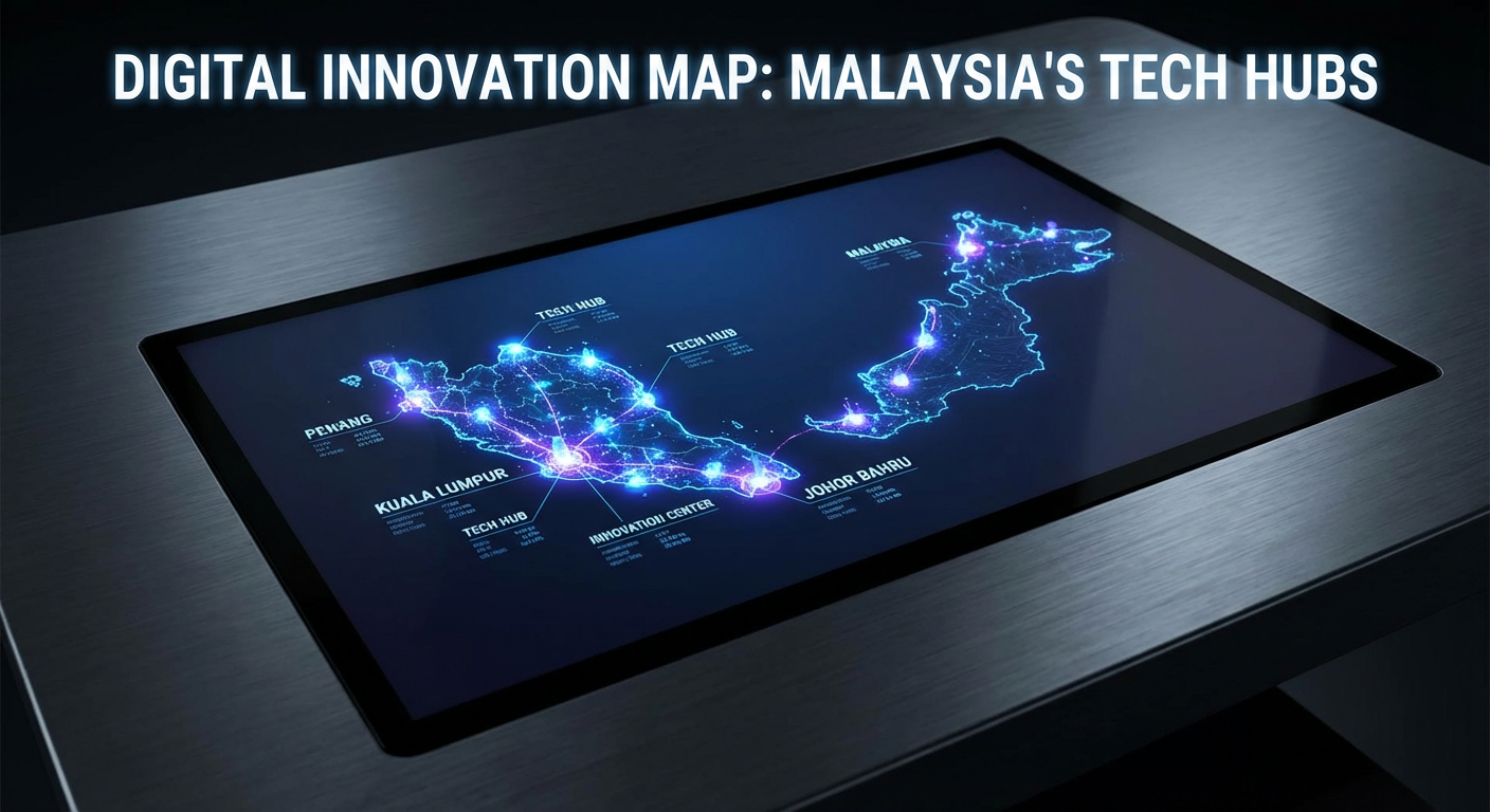 A digital map of Malaysia with glowing data points representing tech hubs.