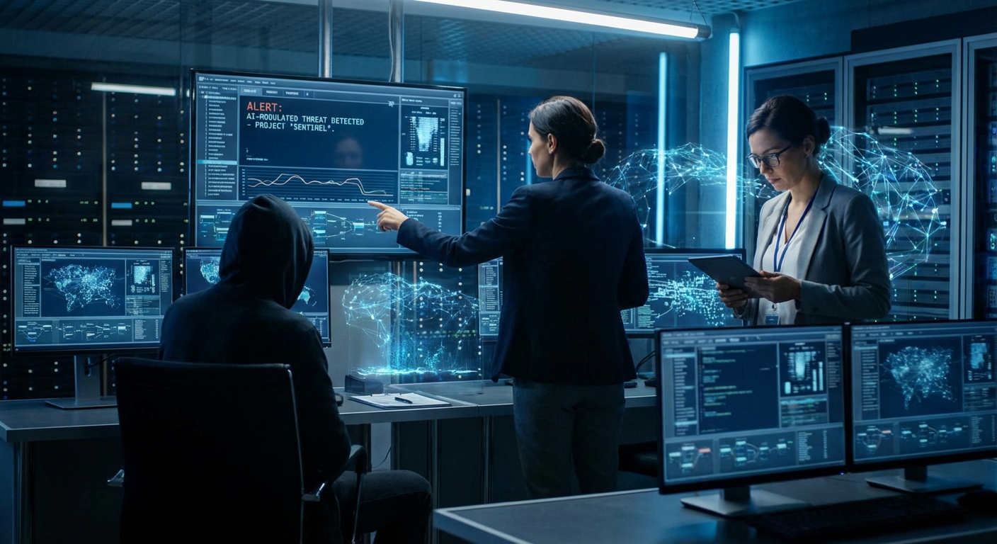 Cybersecurity experts analysing new AI-driven threats.
