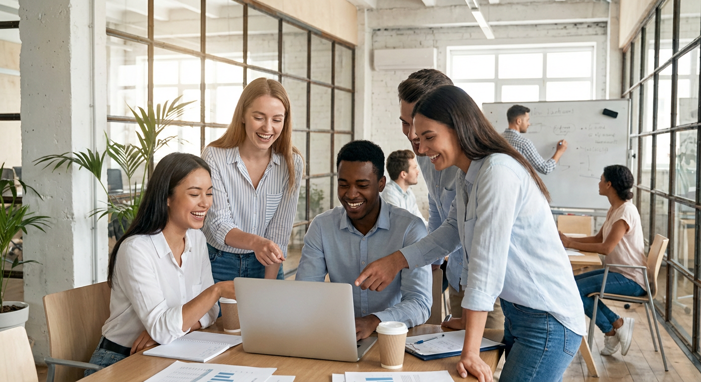 A group of young professionals collaborating around a laptop in a modern office.