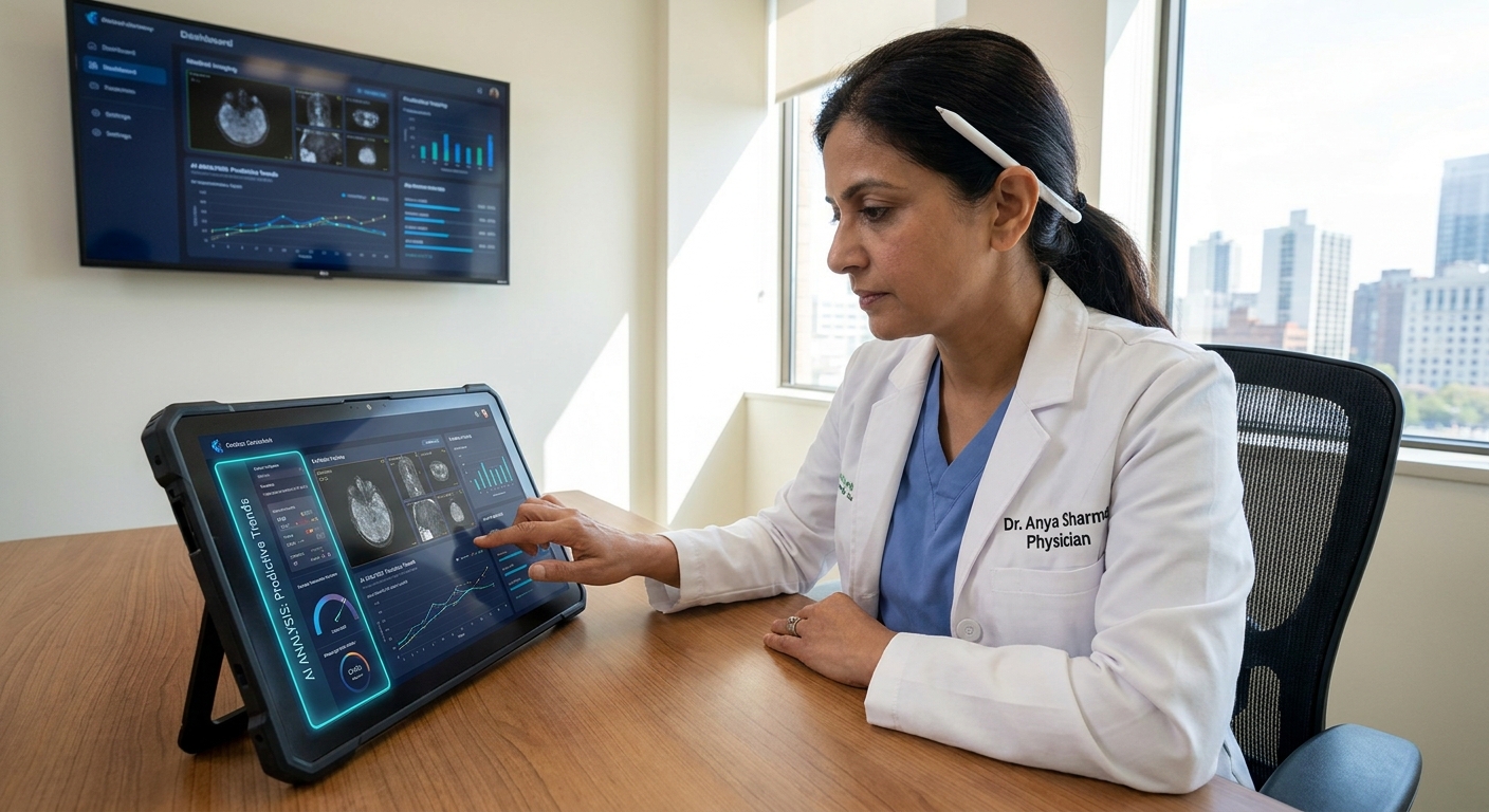 A medical professional analysing patient data on a tablet with AI-assisted software.