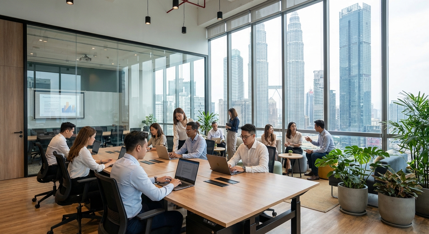 A modern office in Kuala Lumpur with professionals at work.