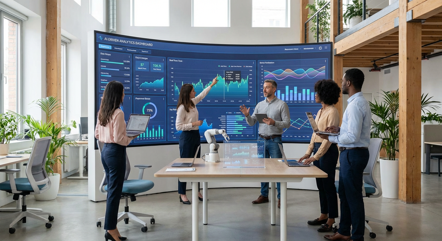A modern office setting where professionals are engaging with AI-driven analytics on a large screen.