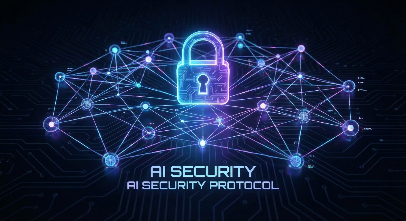 A padlock icon overlaying a network of interconnected nodes, symbolising AI security.
