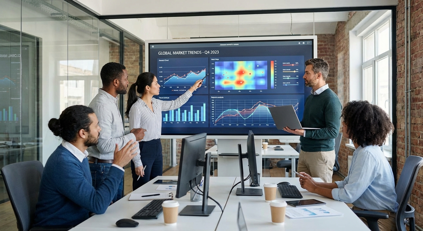 A team analysing data charts on a digital screen.
