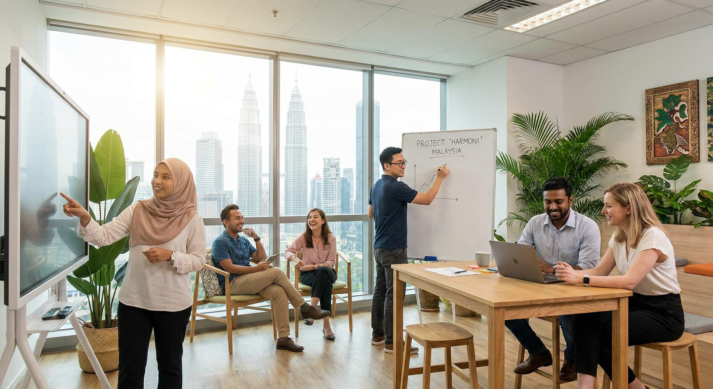 A team of diverse professionals in a modern Malaysian office collaborating on a project.