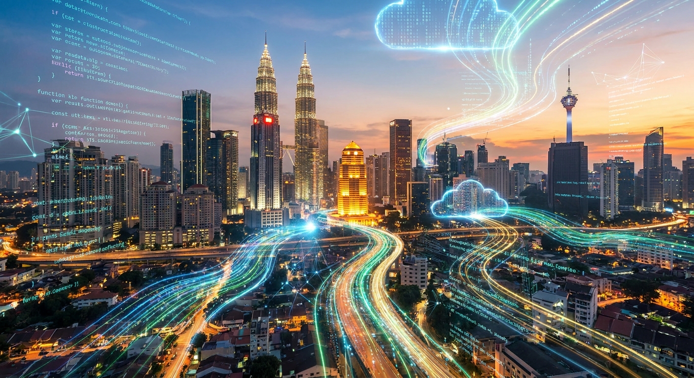 A skyline view of Kuala Lumpur at dusk, with digital data streams overlaid.