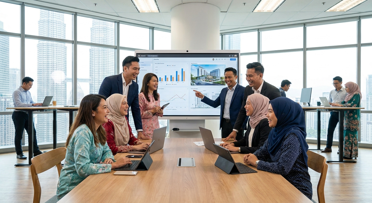 A group of Malaysian professionals in a modern office collaborating on a project.