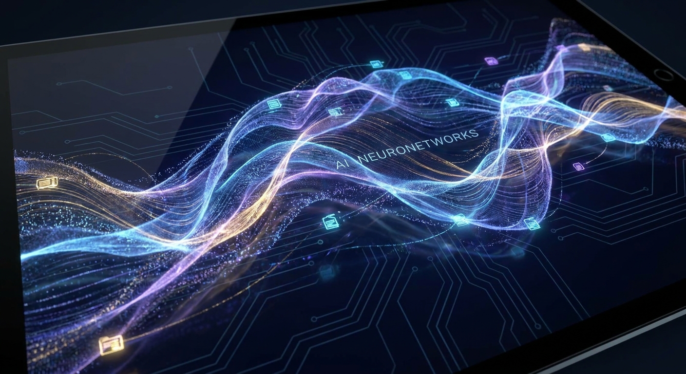 An abstract digital representation of AI neural networks glowing.
