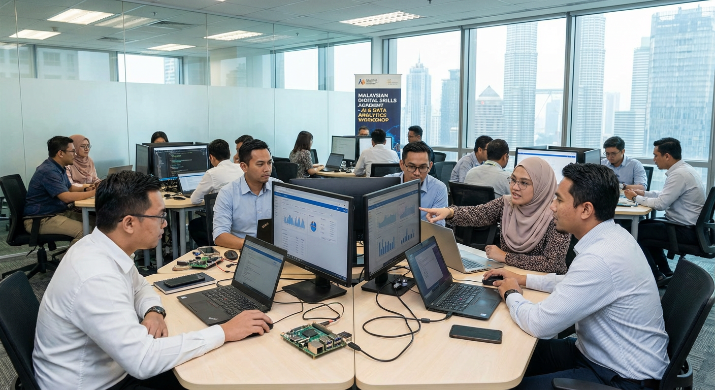 Malaysian professionals upskilling in a technology workshop.