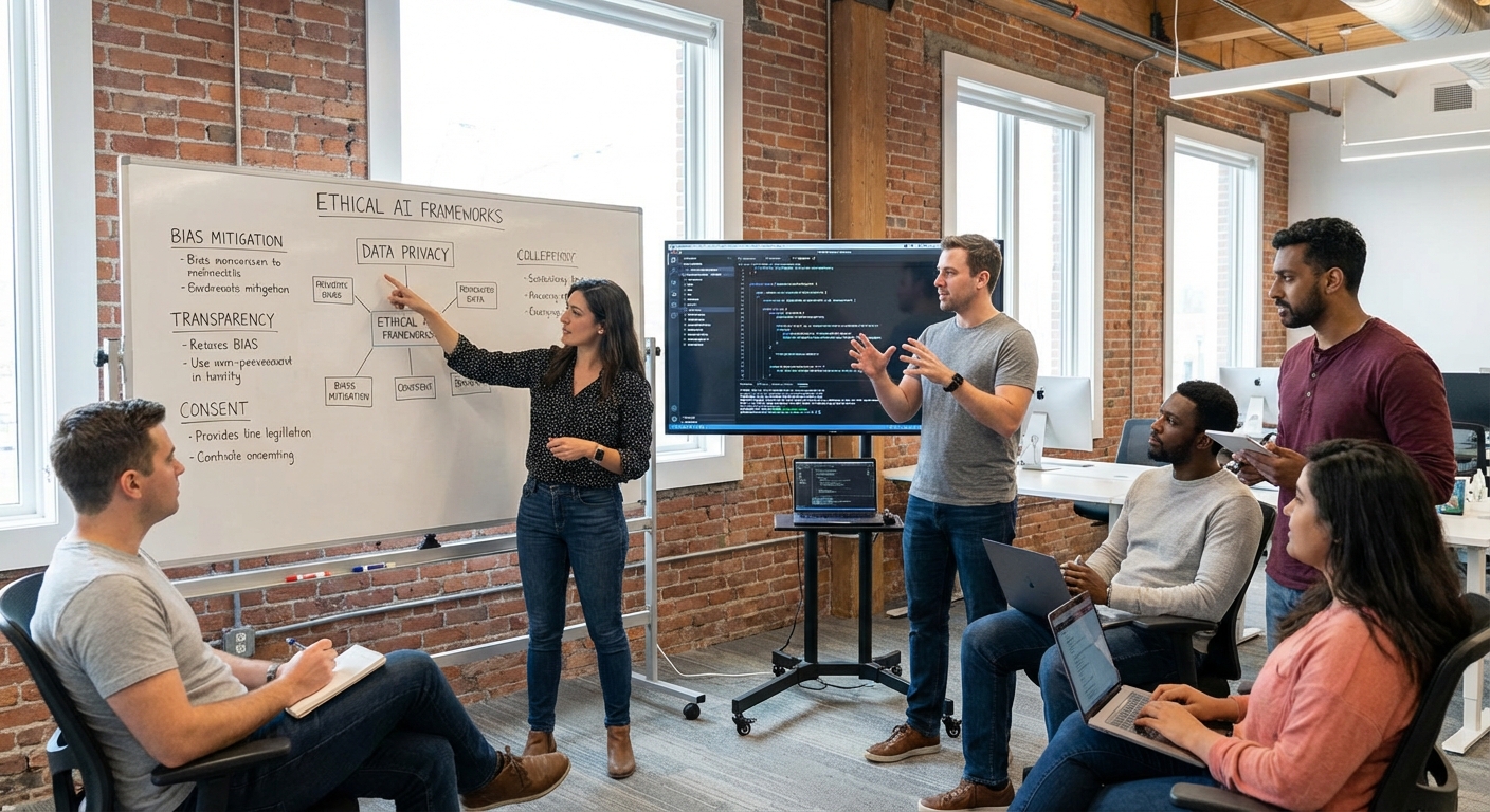 Developers discussing ethical AI frameworks and data privacy.