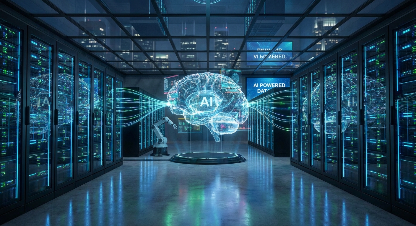 A modern data centre with racks of servers powered by AI.