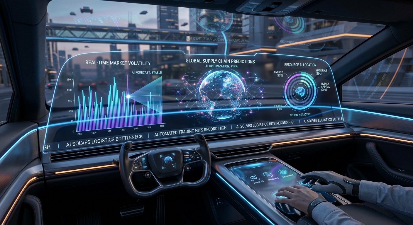 A futuristic dashboard showing AI-driven data analytics.