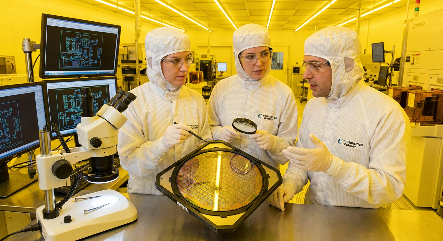 Engineers collaborating over a semiconductor wafer.