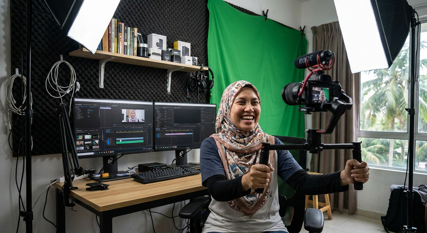 A Malaysian content creator filming a video in a home studio setup.