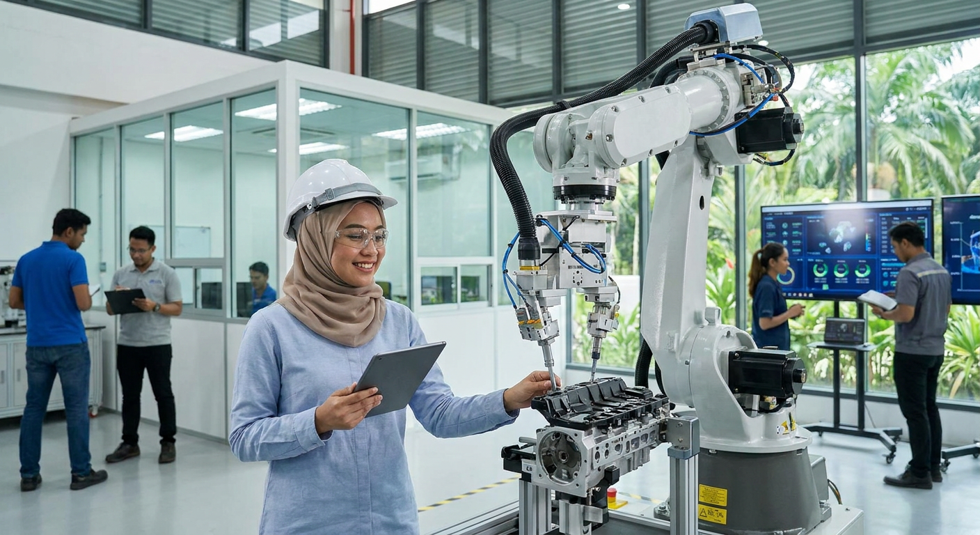 A Malaysian engineer working with advanced manufacturing robotics.