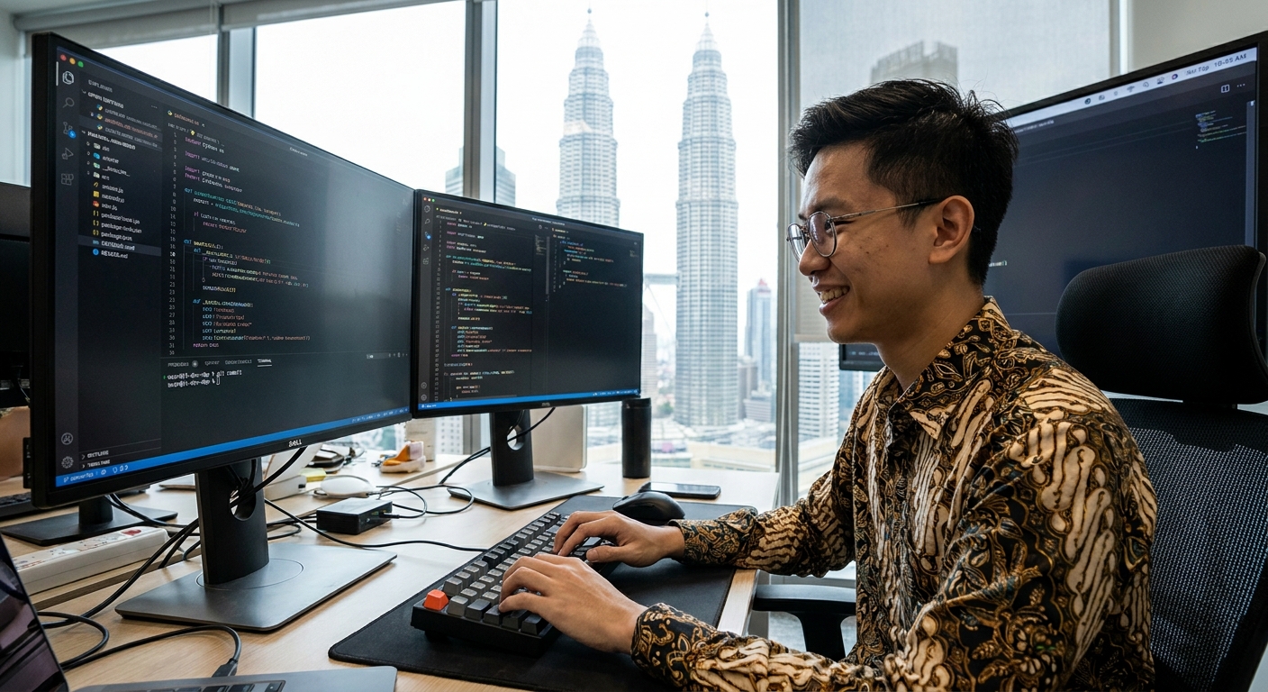 A Malaysian software developer working with code on a computer screen.