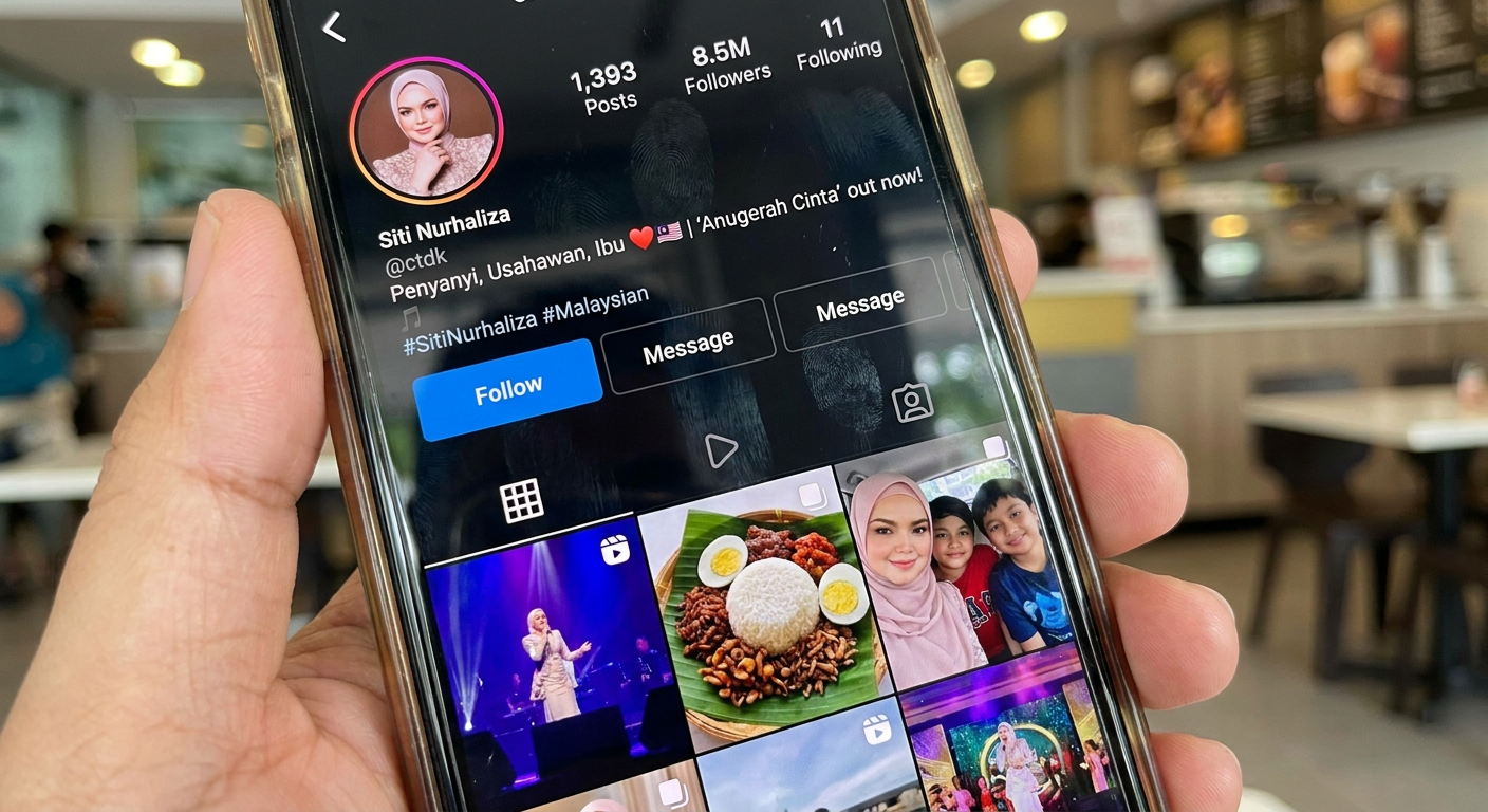A close-up shot of a smartphone screen showing a popular Malaysian creator's social media page.