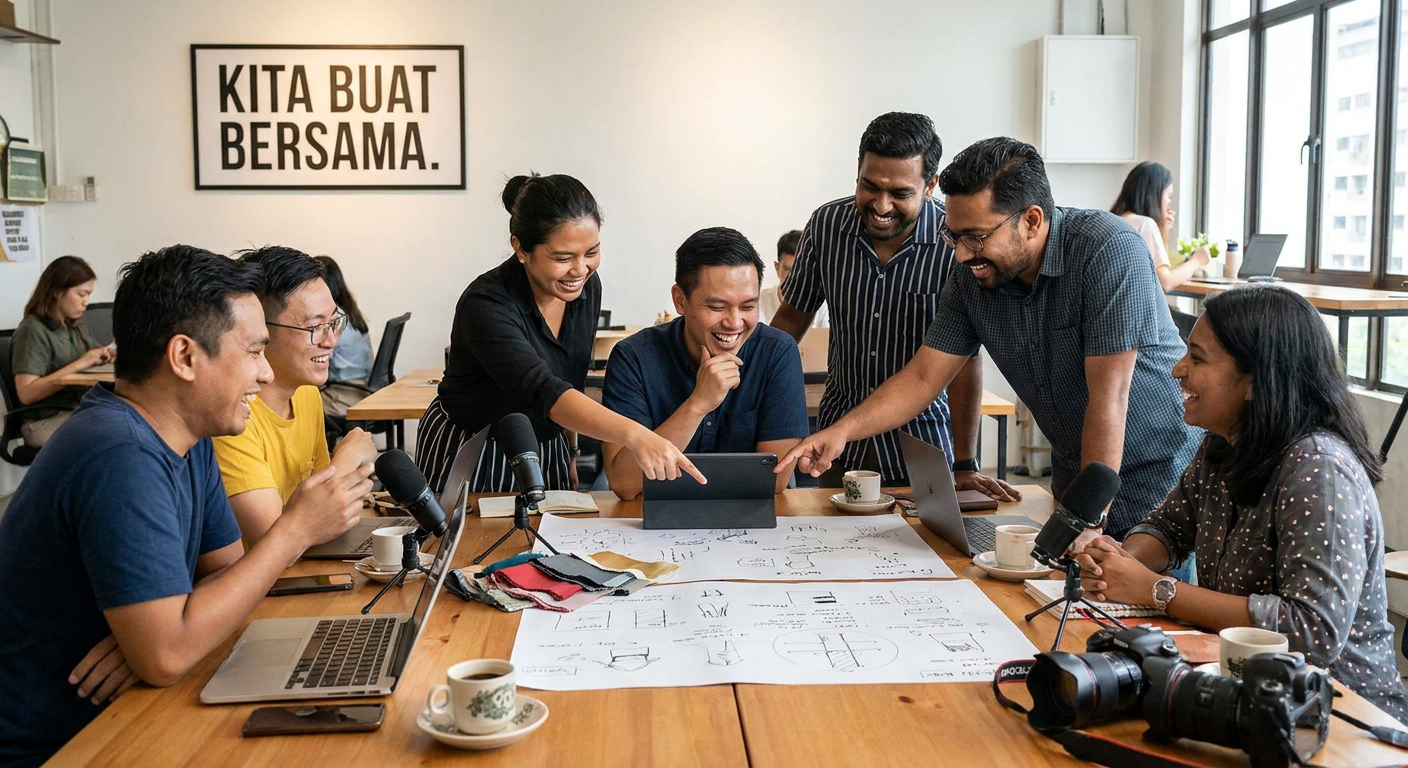 A group of diverse Malaysian creators collaborating on a project.