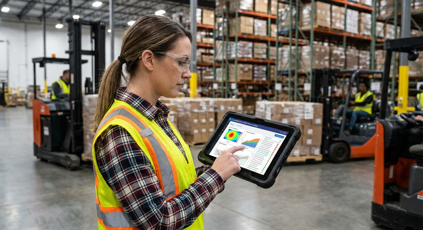 A logistics manager using a tablet with AI-powered inventory data.