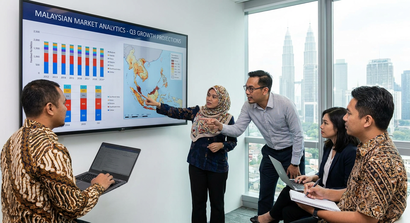 A team of Malaysian professionals analysing data on a screen.