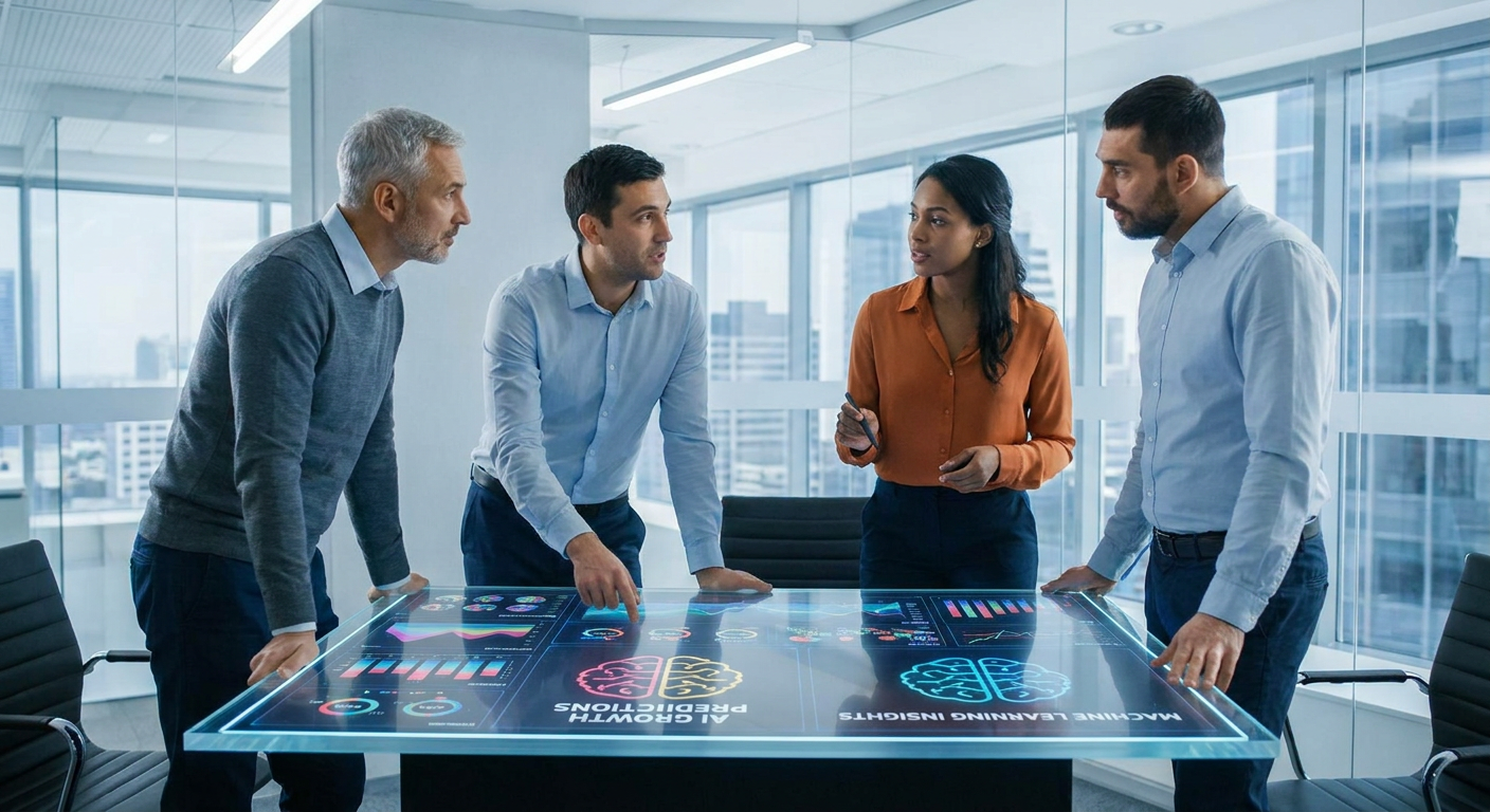 A team of professionals strategising around a digital interface showing AI analytics.