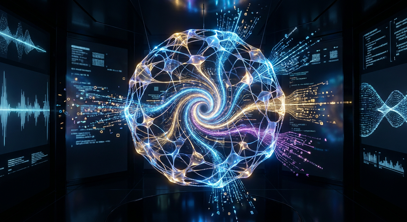 An abstract visualisation of AI data processing.