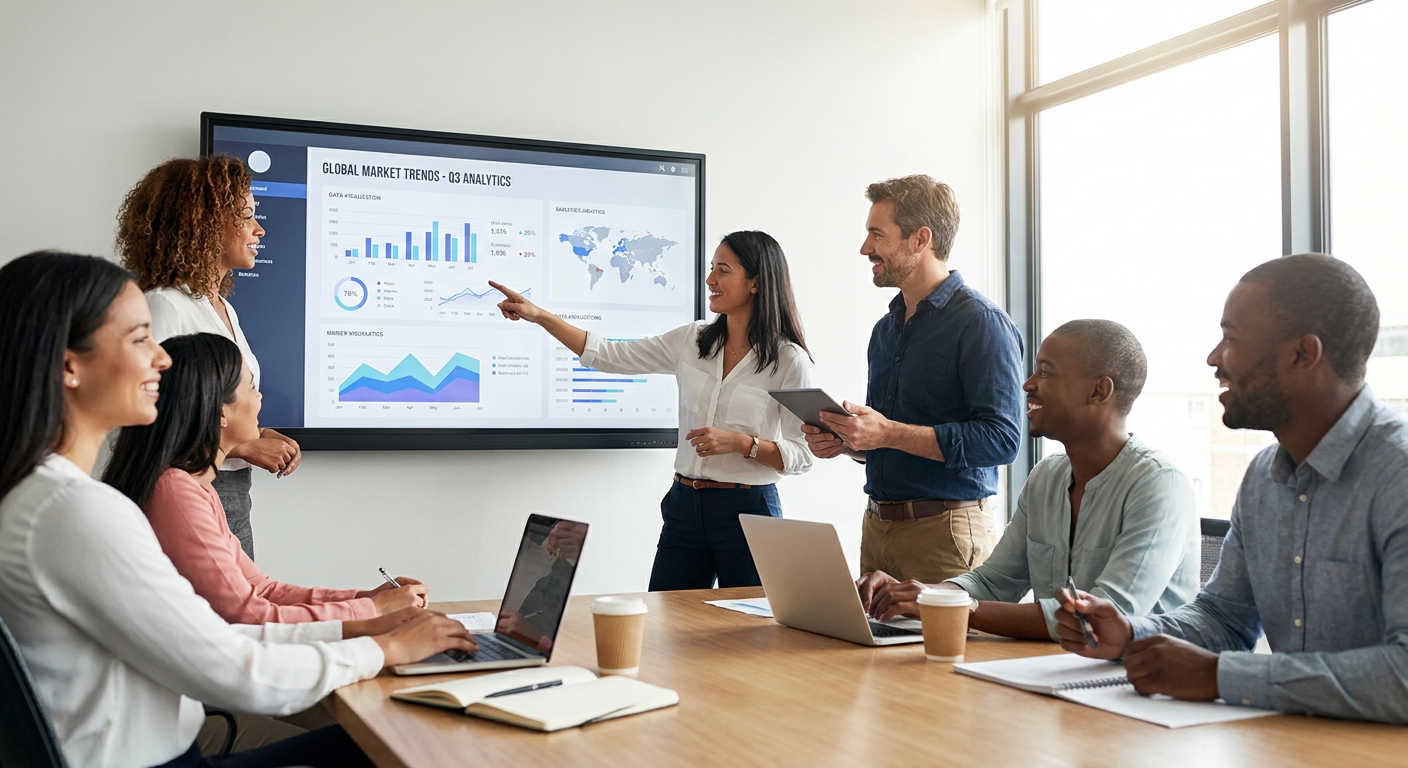 A team of professionals collaborating around a screen showing data analytics.