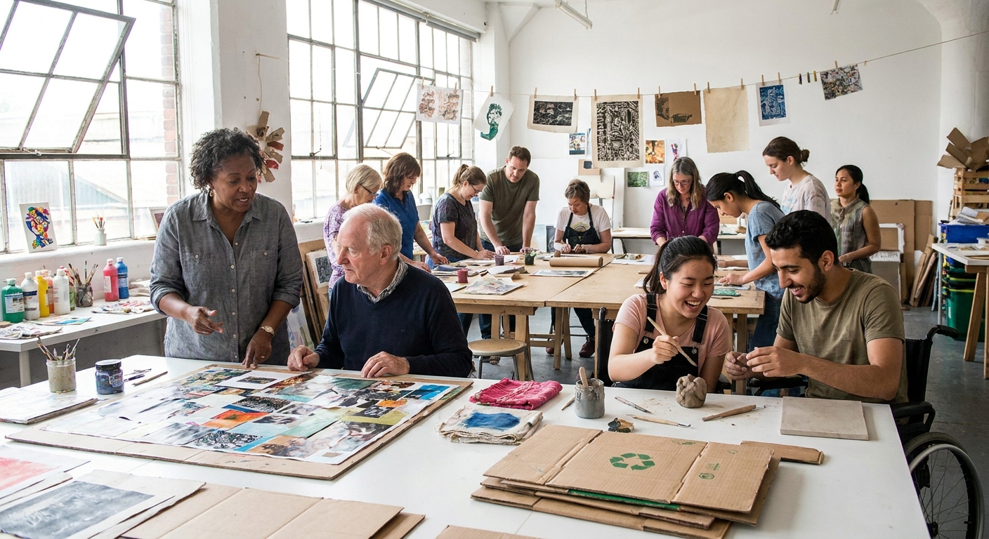 A diverse group of people engaged in a creative workshop.
