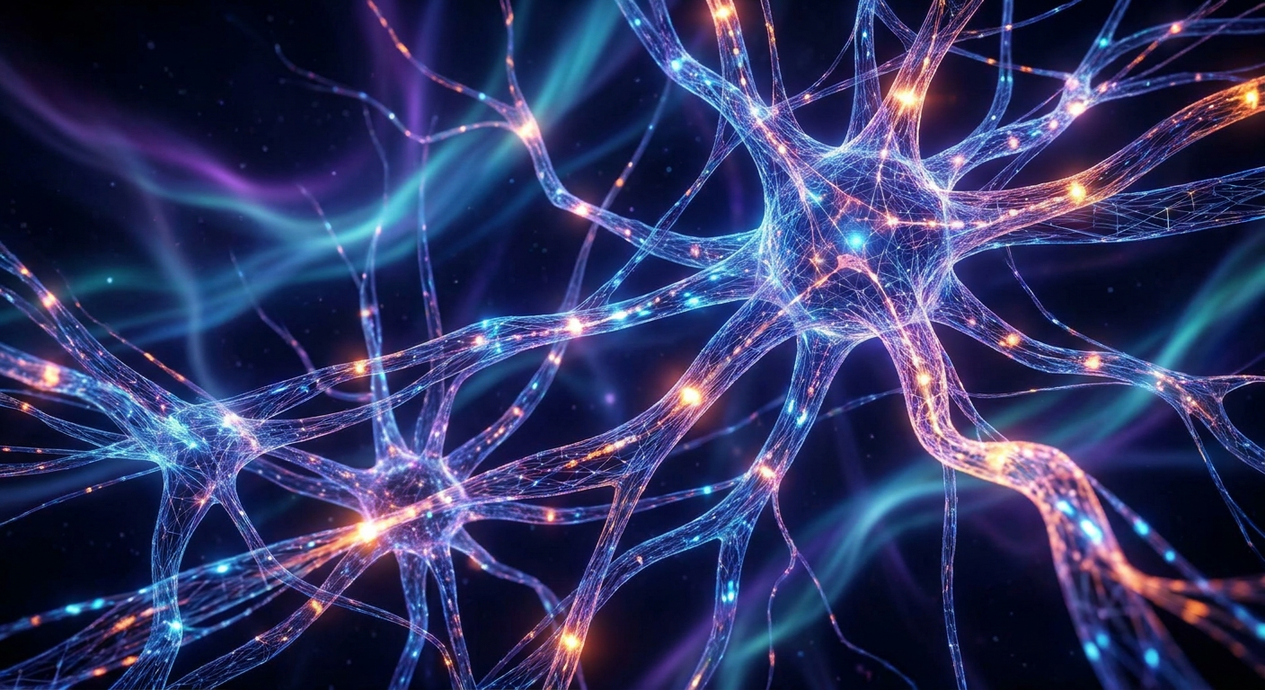 An abstract visualisation of AI neural networks and data connections.