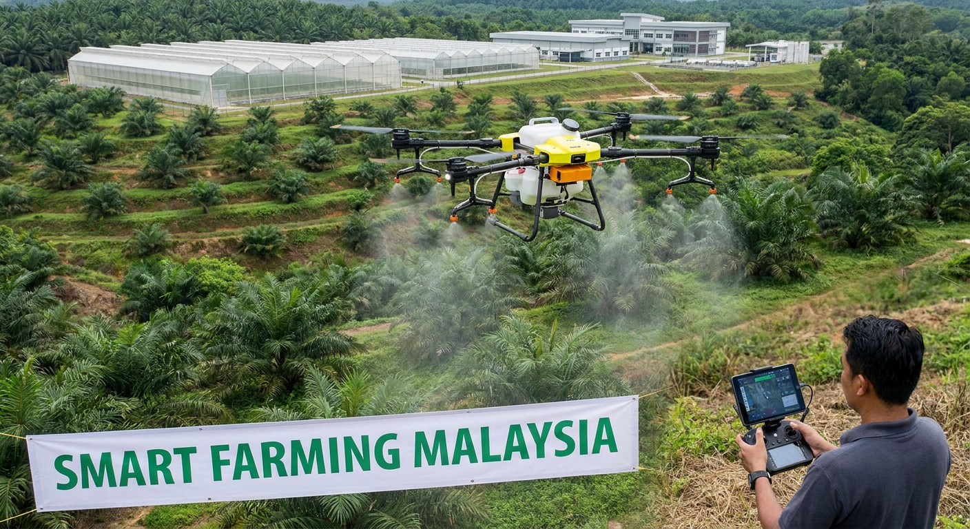 An agricultural drone flying over a plantation, representing smart farming in Malaysia.