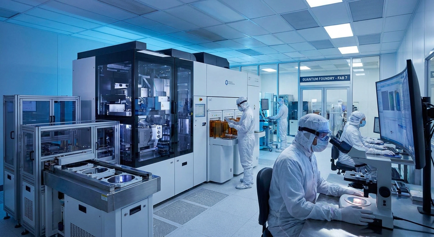 Engineers working in a high-tech semiconductor facility.